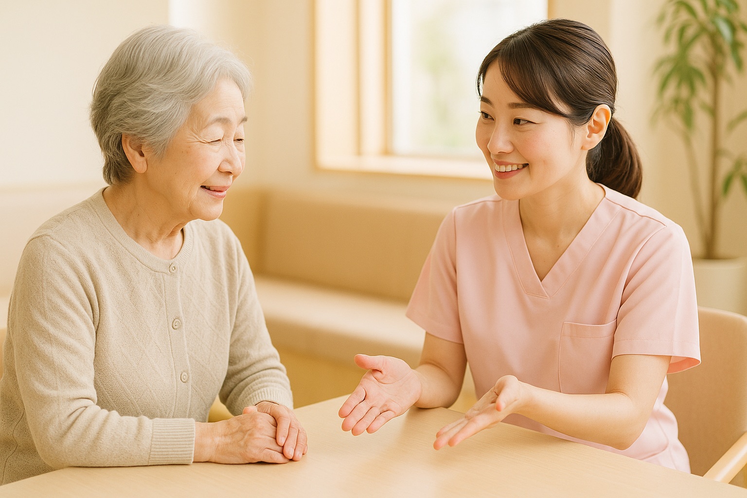 相談カウンターで、年配の女性がスタッフの説明をうなずきながら聞いている様子（イメージ）