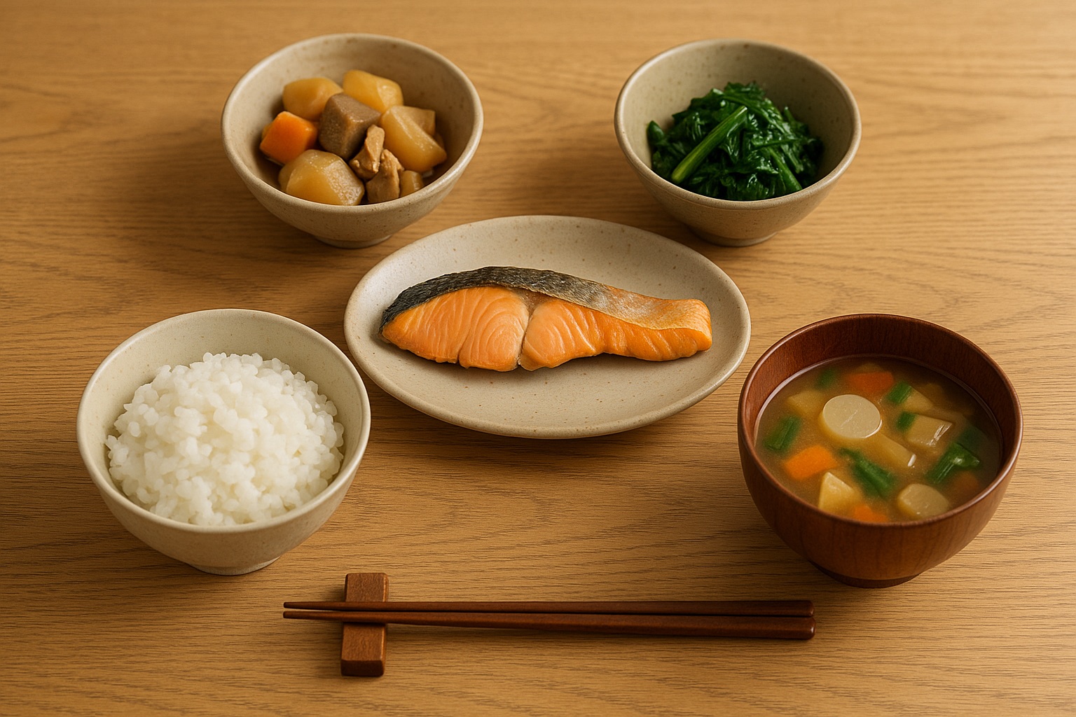 ご飯・味噌汁・焼き魚・野菜の小鉢が並んだ一汁三菜の食卓(イメージ)