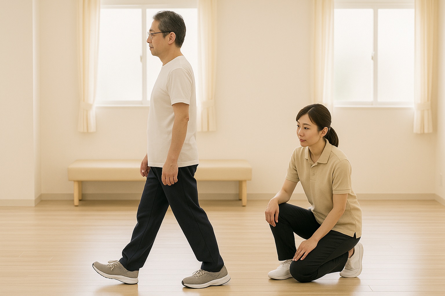 リハビリ室で、歩いている患者さんの膝と足の動きを理学療法士が横から確認している様子(イメージ)